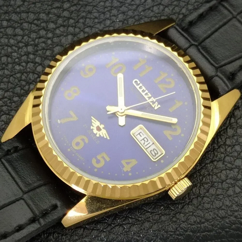 Vintage 1980 Citizen Automatic Mens Gold Watch W/daydate & Blue accents